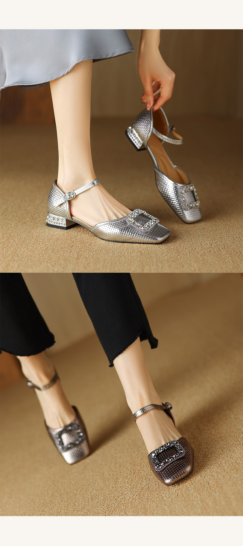 Sandal nữ bít mũi đế bệt da bò khóa vuông đính đá rhinestone — Màu vàng chi tiết 8
