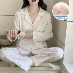 睡衣女款2025春秋季带胸垫云朵棉开衫长袖长裤宽松网红家居服套装