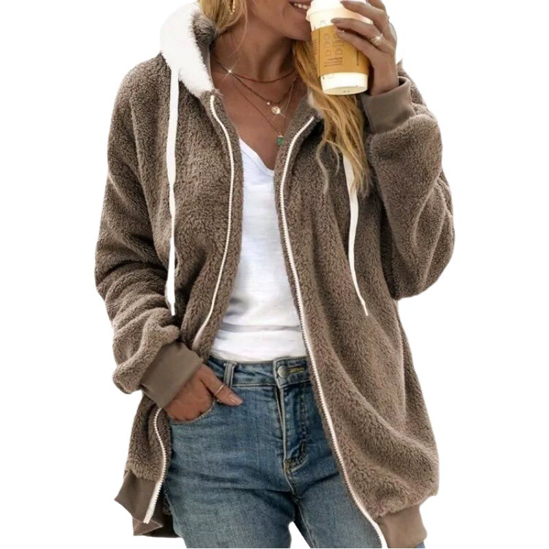Женская свободная плюшевая куртка с капюшоном на молнии, новинка осени-зимы 2025 года, популярная на Amazon.