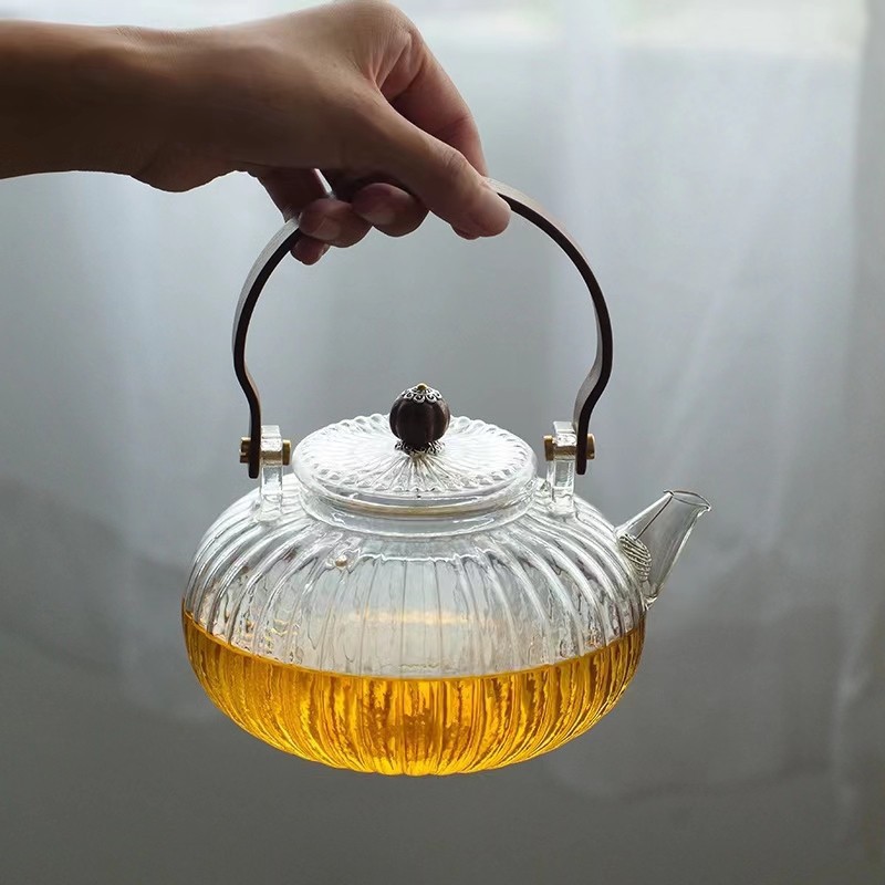 南瓜豎紋提梁壺高硼硅耐熱玻璃花茶壺帶過濾網電陶爐煮茶壺批發