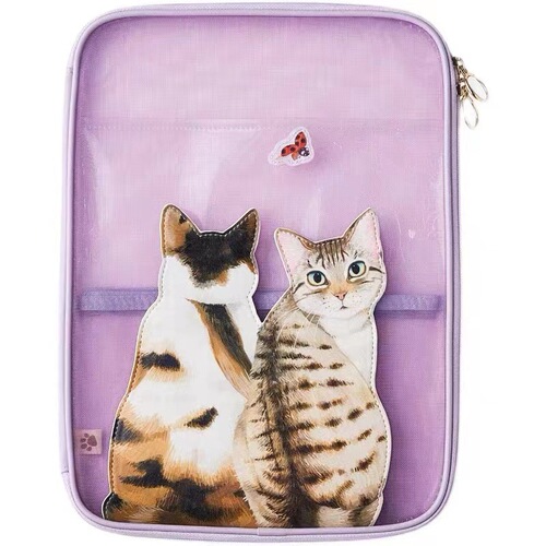 Cute creative curious cat looking back A4 transparent mesh file office storage bag student stationery zipper bag
