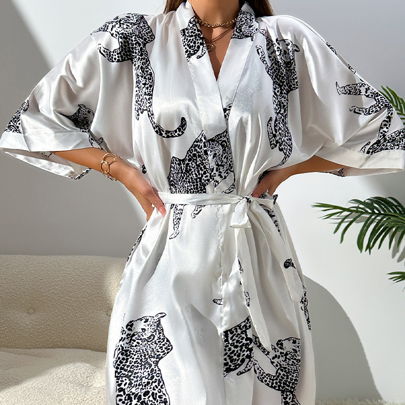 Cross-border sexy casual home wear, simple and stylish cardigan, lace-up bathrobe for women, summer faux silk nightgown, sleepwear wholesale