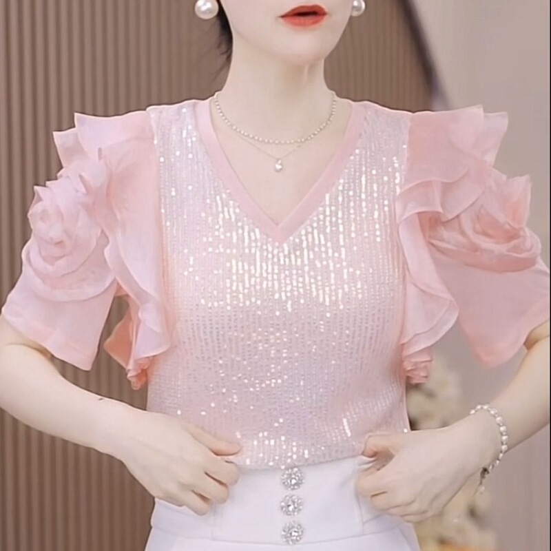Wholesale Sequin T-Shirts for Women, Short-Sleeved Summer Stylish and Flowing Chiffon Shirts, V-Neck Outerwear, Loose Inner Wear Tops, Super Fairy-Like Wholesale Sequin T-Shirts for Women, Short-Sleeved Summer Stylish and Flowing Chiffon Shirts, V-Neck Outerwear, Loose Inner Wear Tops, Super Fairy-Like