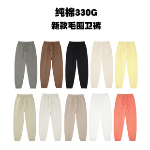 Thickened 330g pure cotton terry sweatpants solid color men's and women's fashion trendy ankle-tied sports trousers American retro style