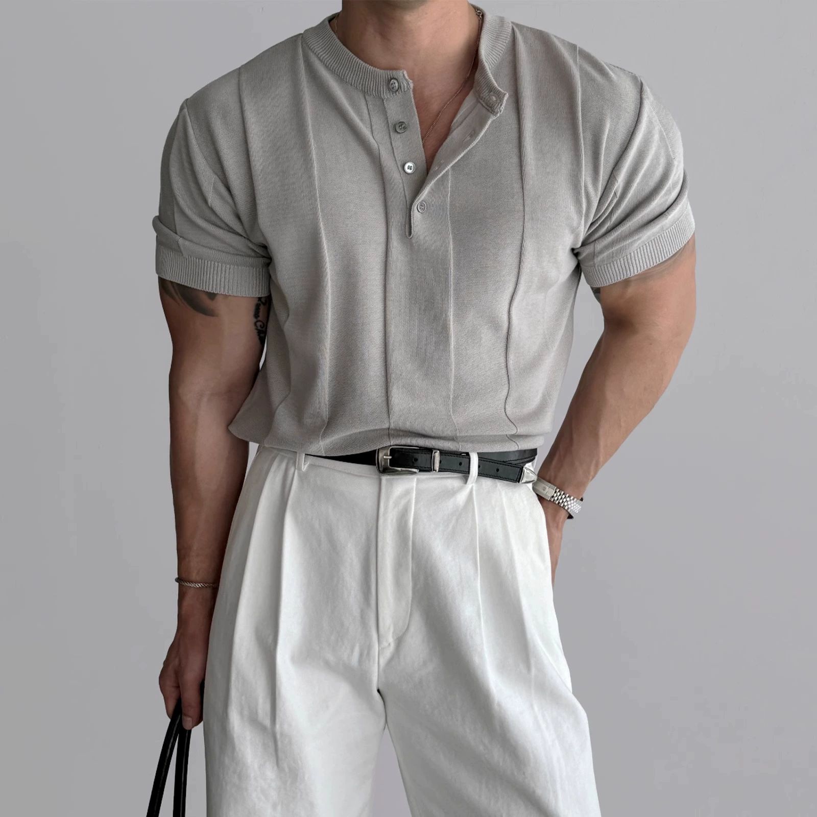 Генри воротник с тонким вязаным коротким рукавом футболка для мужчин летом