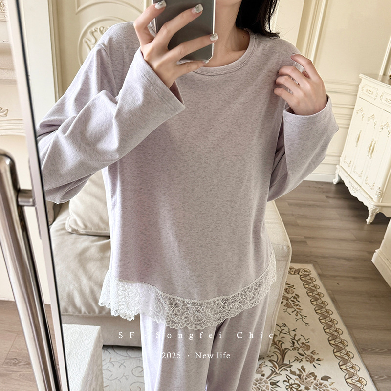 蕾丝圆领磨毛睡衣套装秋冬新款可外穿亲肤宽松柔软家居服两件套女|undefined