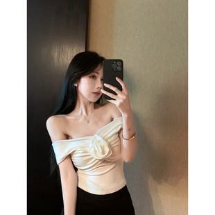 Pure Desire Style Sweet and Spicy Temperament Off-Shoulder Slim Fit Versatile Short Niche Off-Shoulder T-Shirt for Women