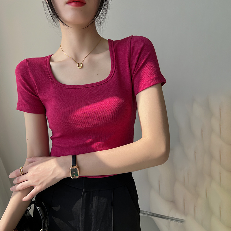 Selected Premium Cotton High-Elastic Ribbed Stylish Square-Neck T-Shirt for Women, Short-Sleeve, 2026 Summer New Style, Slim-Fit, Flattering Base Shirt