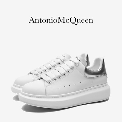 AntonioMcQueen安東尼奧麥昆銀色小白鞋牛皮休閑內增高女系帶板鞋