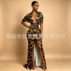 时尚豹纹水钻性感深V开叉气质披肩长裙酒会派对礼服时装演出豹炸