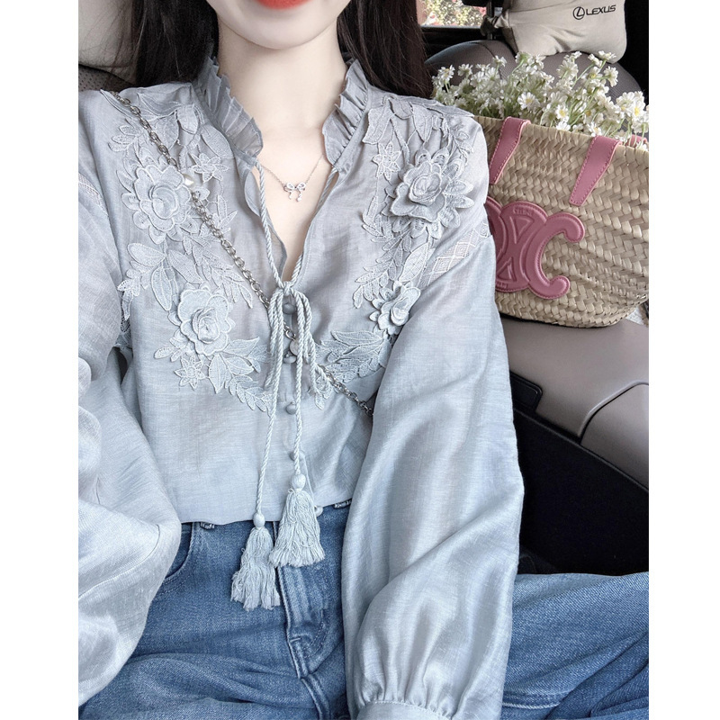 法式气质刺绣花朵设计感长袖衬衫女早秋宽松显瘦衬衣百搭上衣秋季|undefined