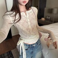 轻氧时刻’蕾丝修身显瘦上衣女收腰绑带下摆亨利长袖T恤浅杏蕾丝