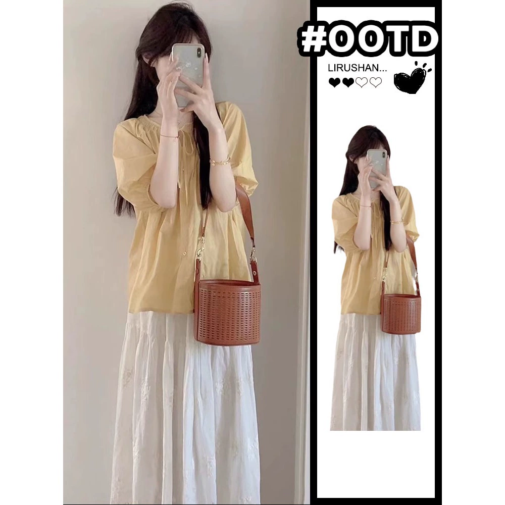 Желтая короткая рубашка для женщин, лёгкая роскошь, омолаживающая и модная новинка лета 2025 года, топ с изысканным стилем