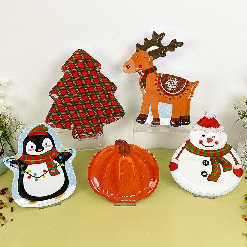 European and American Christmas Tableware Set Decorative Dinner Plate Creative Christmas Tree Plate Household Pumpkin Plate Snowman Shape Plate