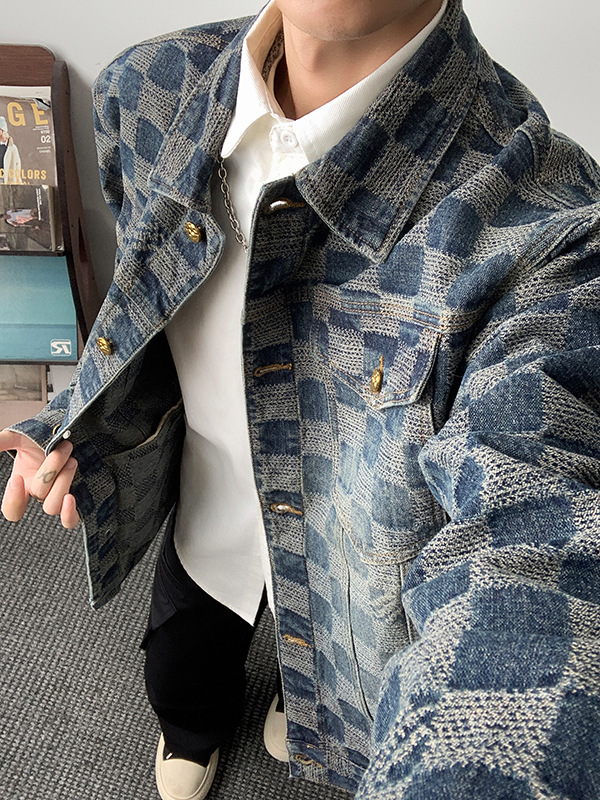 新款男装休闲夹克春秋季外贸潮流棋盘格轻奢男女同款宽松牛仔外套|undefined
