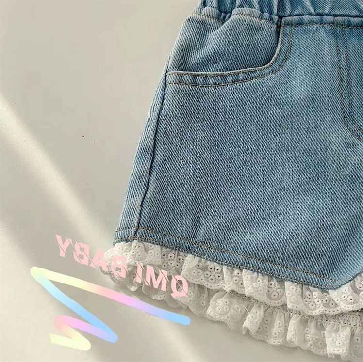Denim lace‑trim shorts for girls, Korean style summer skirt‑shorts, elastic waist, sizes 100–160 cm