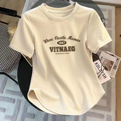 綿の半袖のtシャツの女性の夏の新型の丸首の韓国版の弧の形の不規則な思いやりのゆったりしている百合の設計の上着