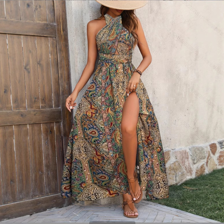 여성을위한 보헤미안 스타일 홀터넥 백리스 슬릿 롱 스커트 여름 리조트 스타일 프린트 비치 스커트 빅 스윙 드레스