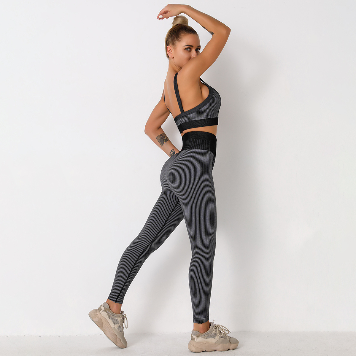 wholesale clothing vendor Nihaostyles striped shockproof beauty back bra trousers yoga sports set NSLX67219