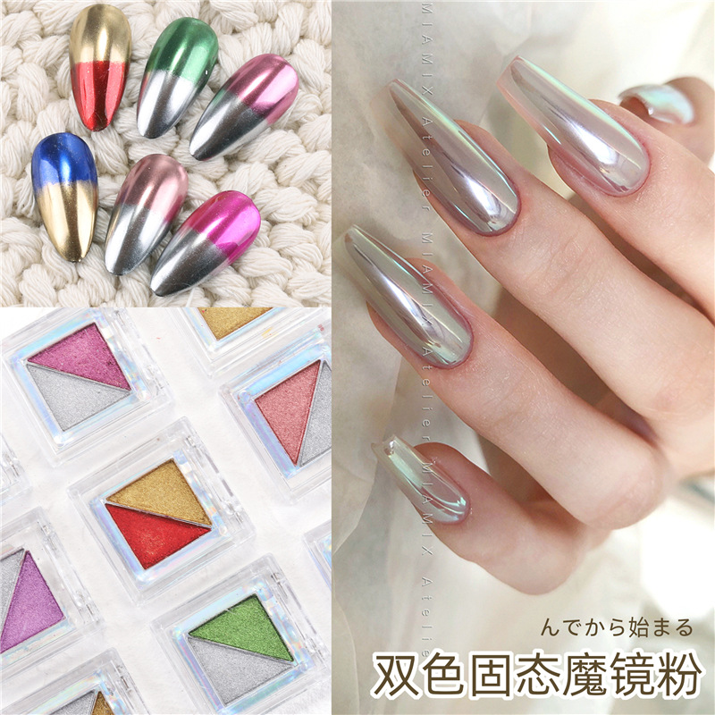 Uñas transfronterizas de dos colores sólido espejo mágico en polvo cuadrado Placa de sombra de ojos espejo de uñas de dos colores harina titanio polvo de oro