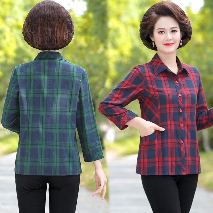 Middle-aged and elderly women's plaid shirt middle-aged autumn women's plus size cardigan shirt mother spring and autumn thick top Middle-aged and elderly women's plaid shirt middle-aged autumn women's plus size cardigan shirt mother spring and autumn thick top