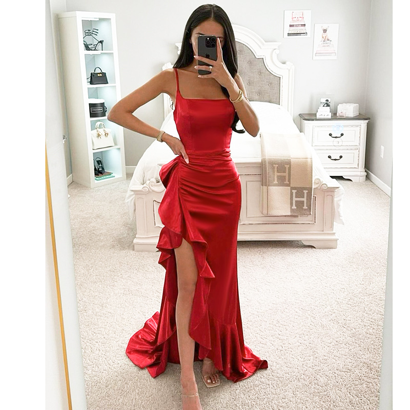 Eliya Autumn Celebrity Style Sexy Elegant Strap Ruffled Split Evening Dress Strapless Dress YJ24331