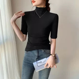 黑色半高领中袖T恤女新款罗纹内搭修身显瘦内搭五分袖打底上衣女