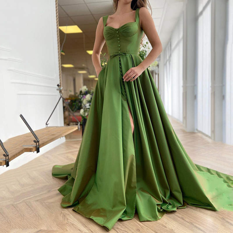 Amazon 2026 New Dress Design Green Satin A-Line Prom Dress Elegant Strapless Sexy Evening Dress