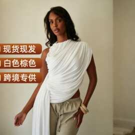 现货跨境欧美女新款时尚不规则纯色褶皱无袖飘带圆领T恤上衣女