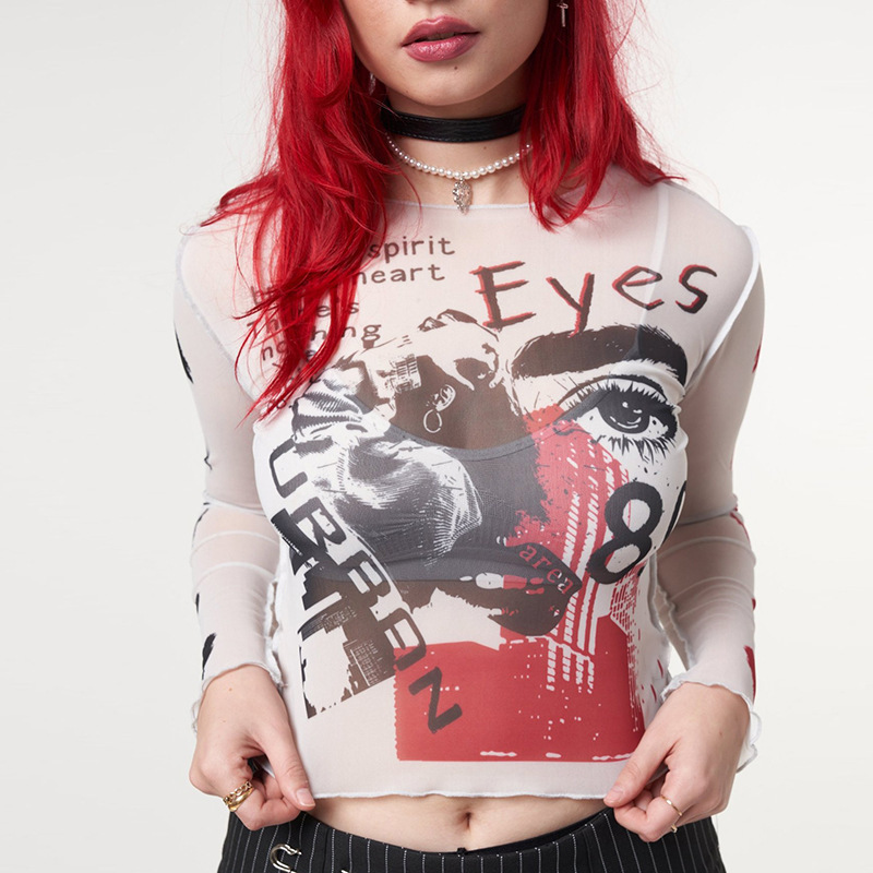 Damen Langarm Mesh Crop Top Mit Rundhalsausschnitt Für Den Alltag_voghion.com