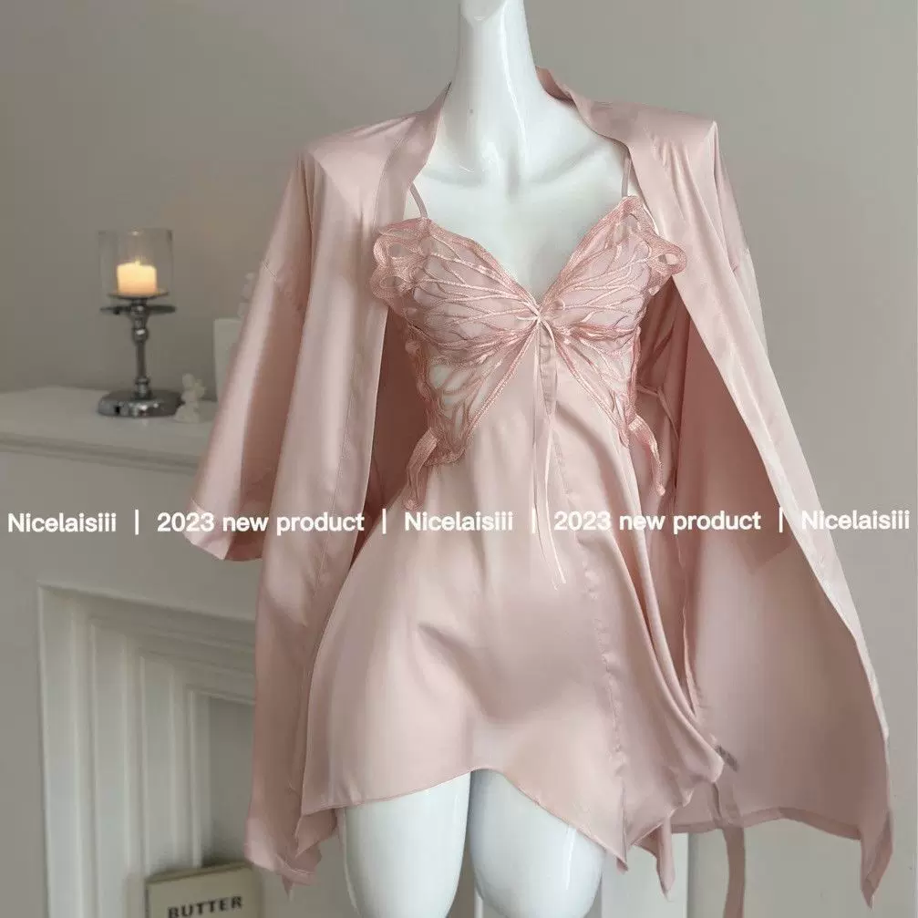 2024蝴蝶睡衣女春夏季带胸垫高级感冰丝套头吊带睡裙长袖睡袍套装