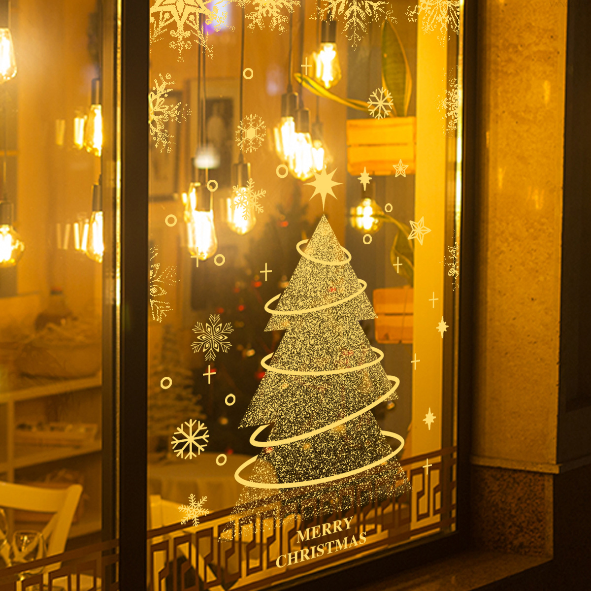 Christmas Window Wall Stickers With Golden Tree And Snowflakes_voghion.com
