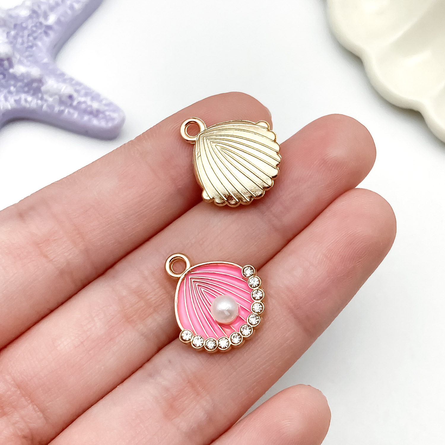 23461-MLN-kc玫粉色滴油锌合金点钻海洋珍珠贝壳17