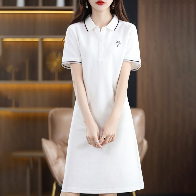 26 New Styles of College-Style Polo Collar Dresses for Women, Summer Thin Embroidered Elegant Base Dresses, Over-The-Knee Long Dresses Without Matching Edges