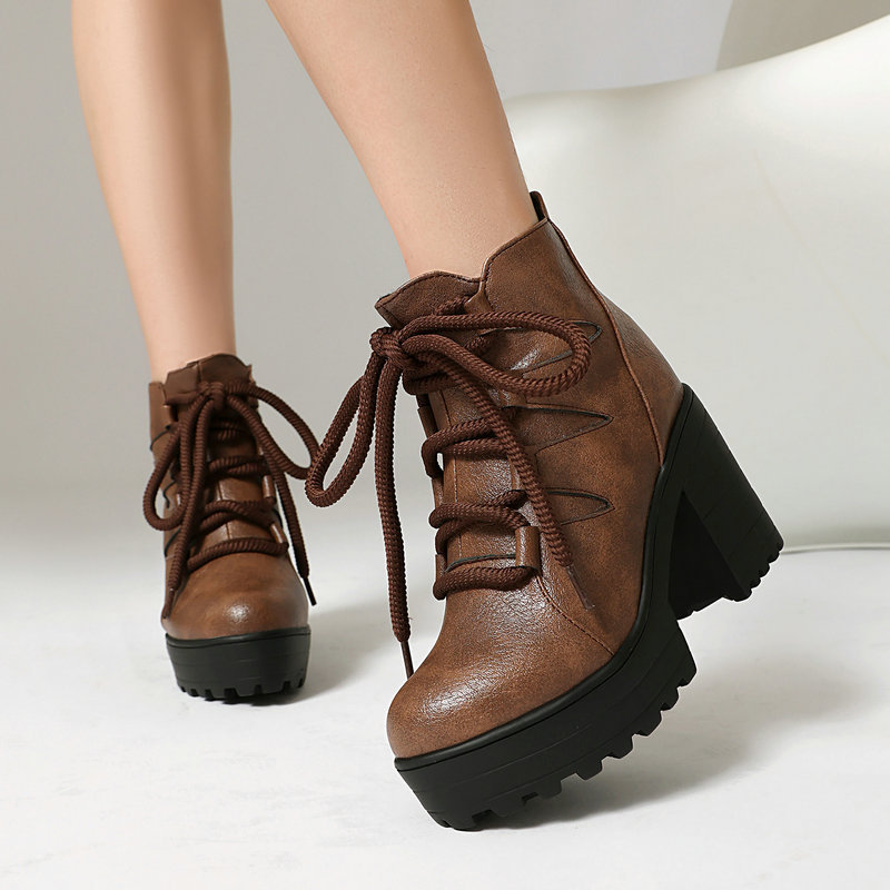 Women's Short Boots, Retro British Style, Chunky High Heels, Front Lace-Up Ankle Martin Boots, Autumn and Winter Ankle Boots, Women's Martin Boots