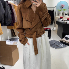 复古休闲百搭麂皮绒翻领外套女2025秋季新款设计宽松短款夹克上衣