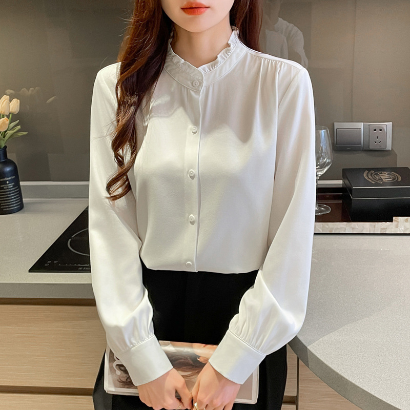Fashionable Ruffled Stand Collar French Style Shirt for Women, Spring/Summer 2025 New Mulberry Silk Long Sleeve Blouse
