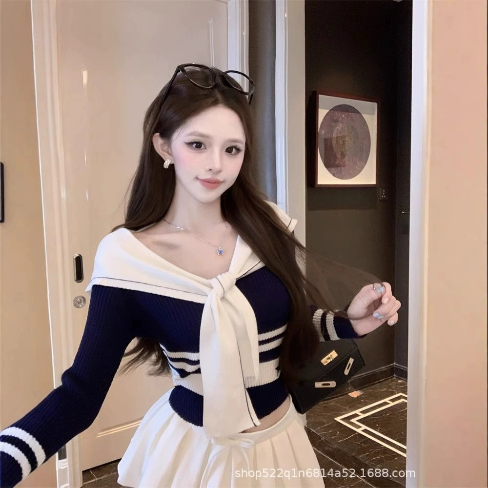 Адмиралтейский воротник с тонким тонким трикотажным свитером Женская весна и осень Новый академический стиль минус возраст топ оптом