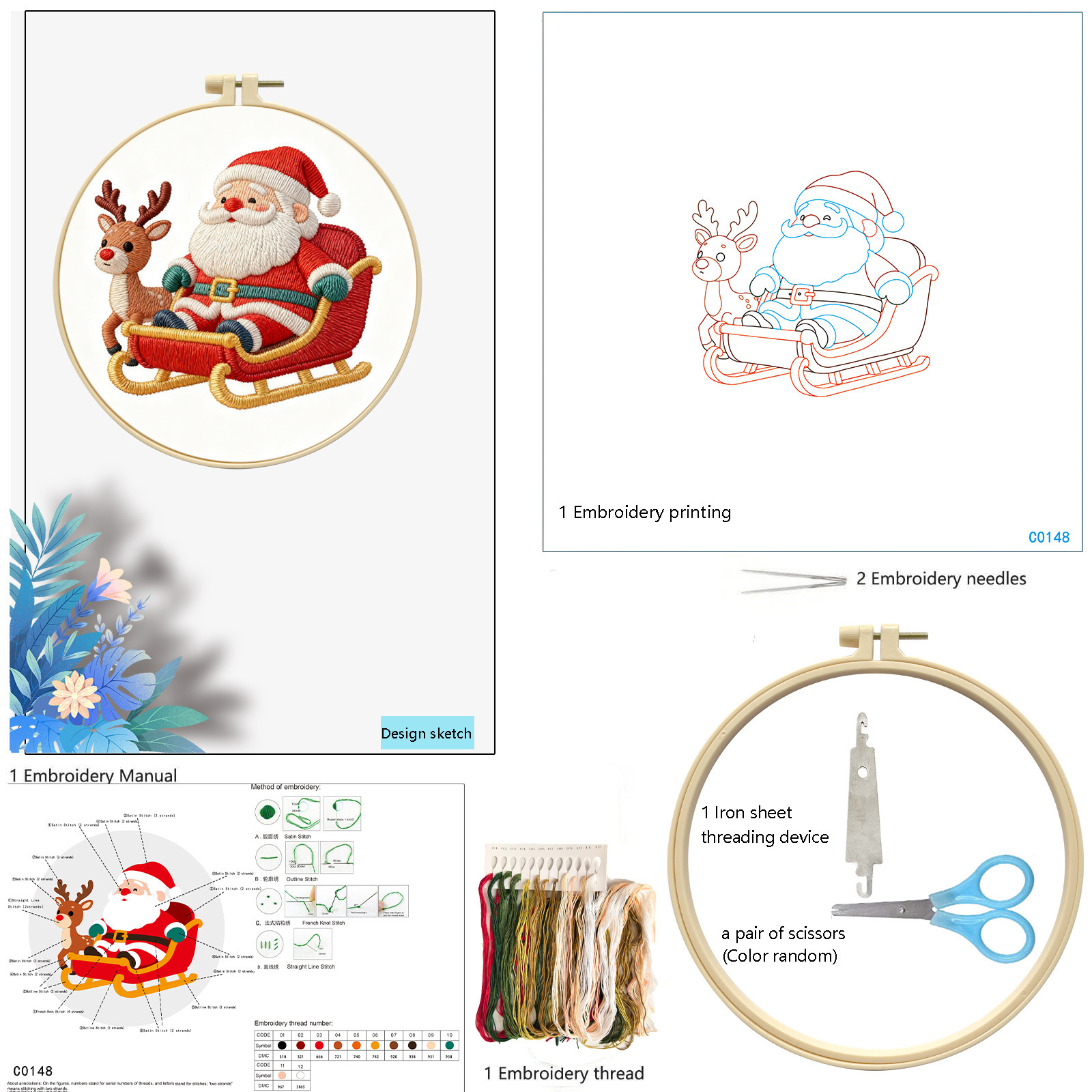 Papá Noel y ciervo - - paquete de materiales básicos + 20cm de seda + tijeras de hilo