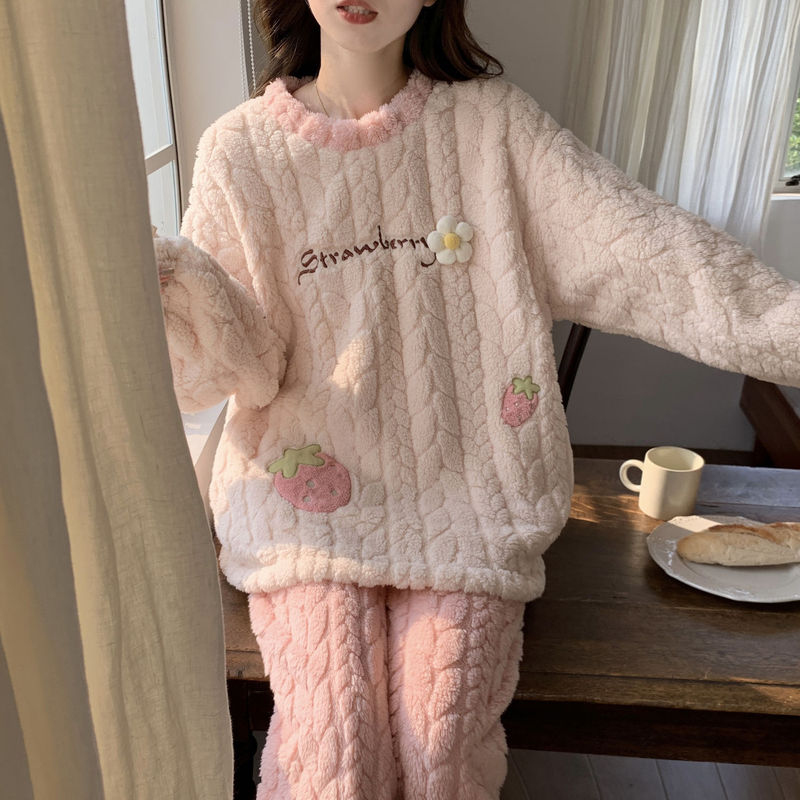 Coral Fleece Pajamas Women's Winter Thickened Princess Style New Cute Cartoon Flannel Can Be Worn Outside Homewear Set
