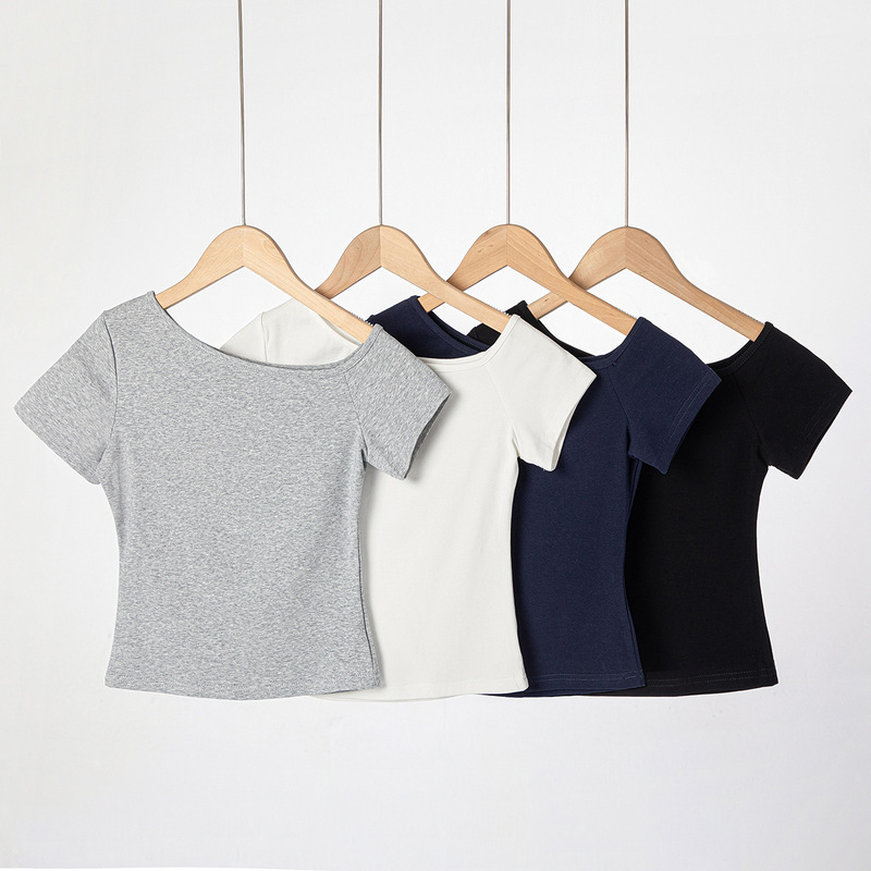 220 グラムホットガールショート Tシャツ女性のための 2025 夏の新しいスリムフィットニッチデザイン斜め肩トップトレンディ|undefined