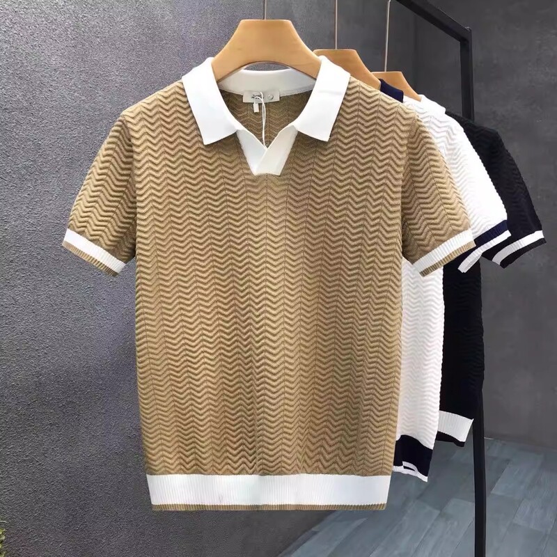 Collared Ice Silk Polo Shirt for Men, Color-Blocked Knit Shirt, Slim Fit, High-End Short-Sleeve Summer New Men's Fashion