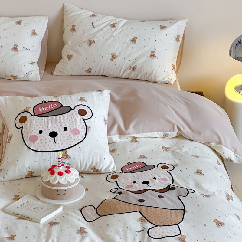 Double Yarn Class A Explosions Cotton Four-piece Set Printed Padded Embroidered Children's Room Cute Naked Sleeping Fine Soft Fun Three-piece Set