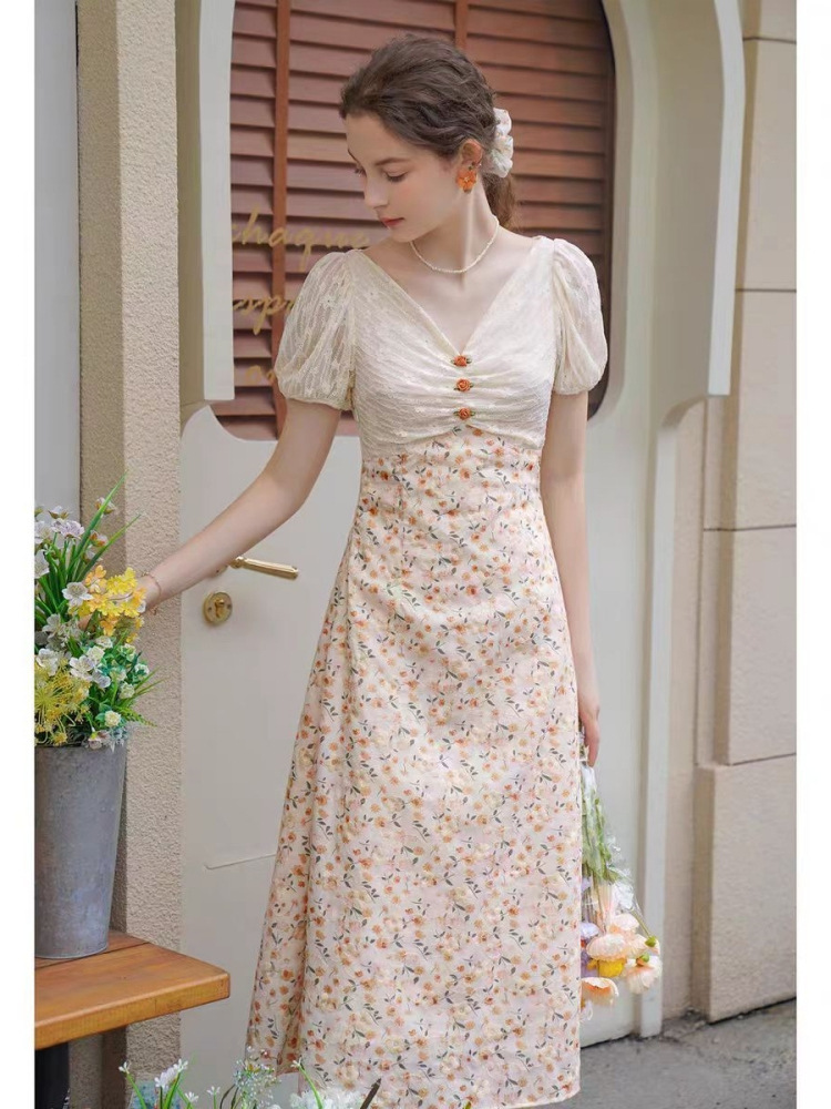 Váy chữ A cổ chữ V tay phồng họa tiết hoa thêu eo — Màu hoa chi tiết 8