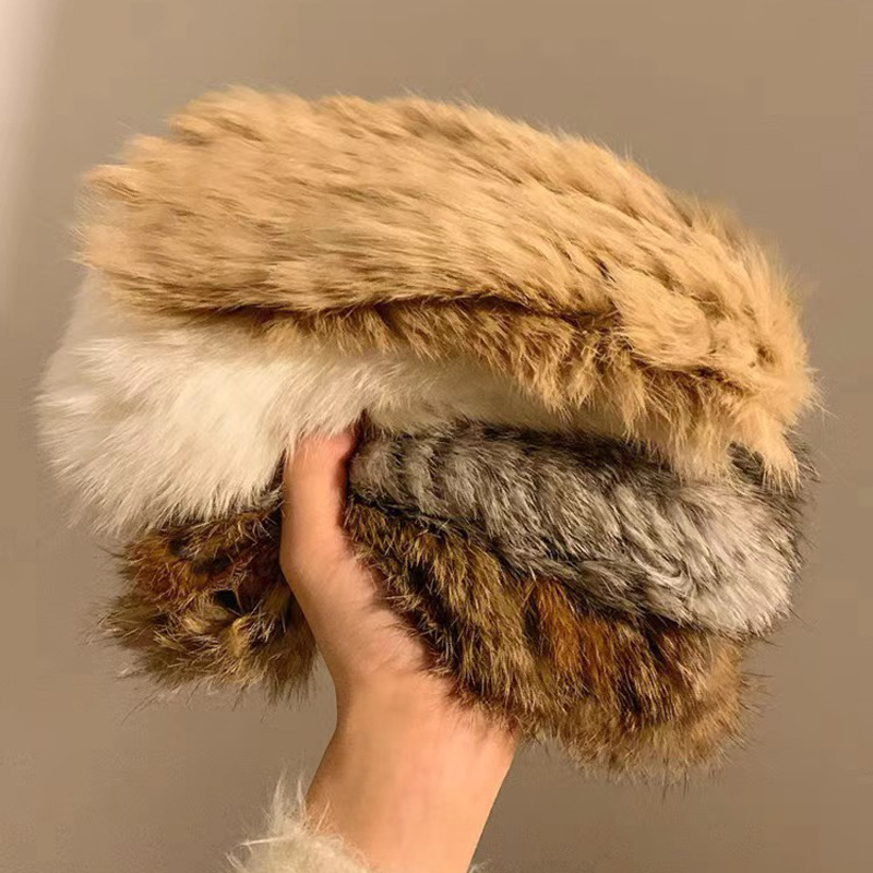 毛毛发带女宽边兔毛头套皮草头巾毛绒雪地帽复古空顶帽保暖护耳冬