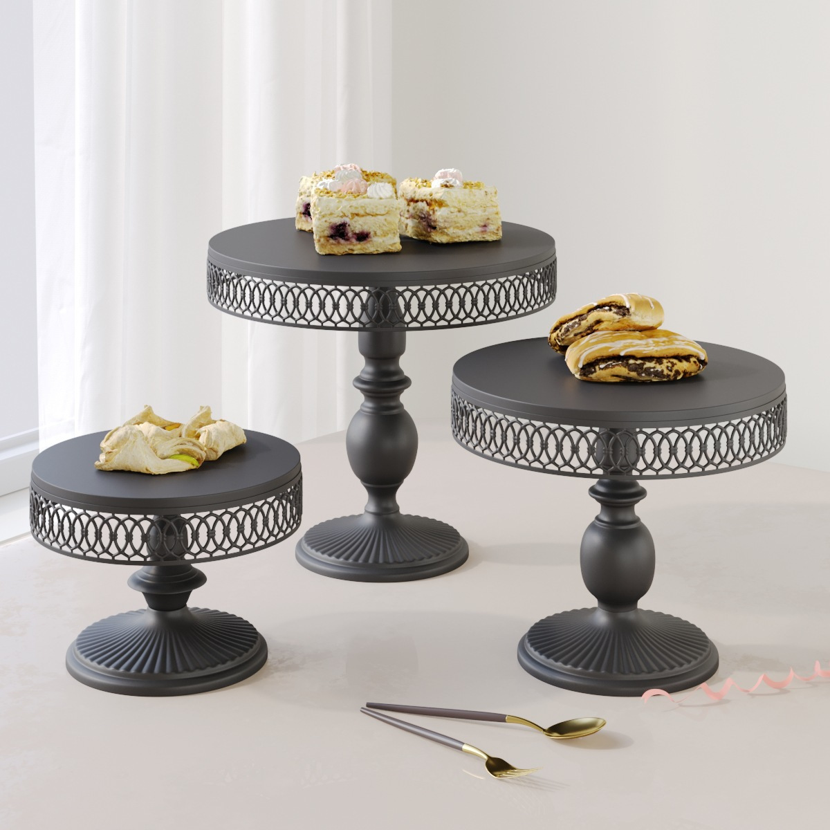 Tres piezas de hierro forjado decoración de mesa de postres estante de exhibición bandeja de pastel refresco estante de refresco comida fría descanso de té tabla de artesanía image 4