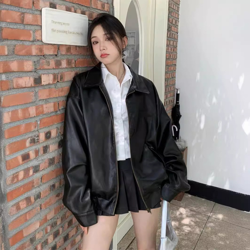 American Style Retro Leather Jacket Women's 2024 Spring High-end Loose Lapel Puleather Jacket Top