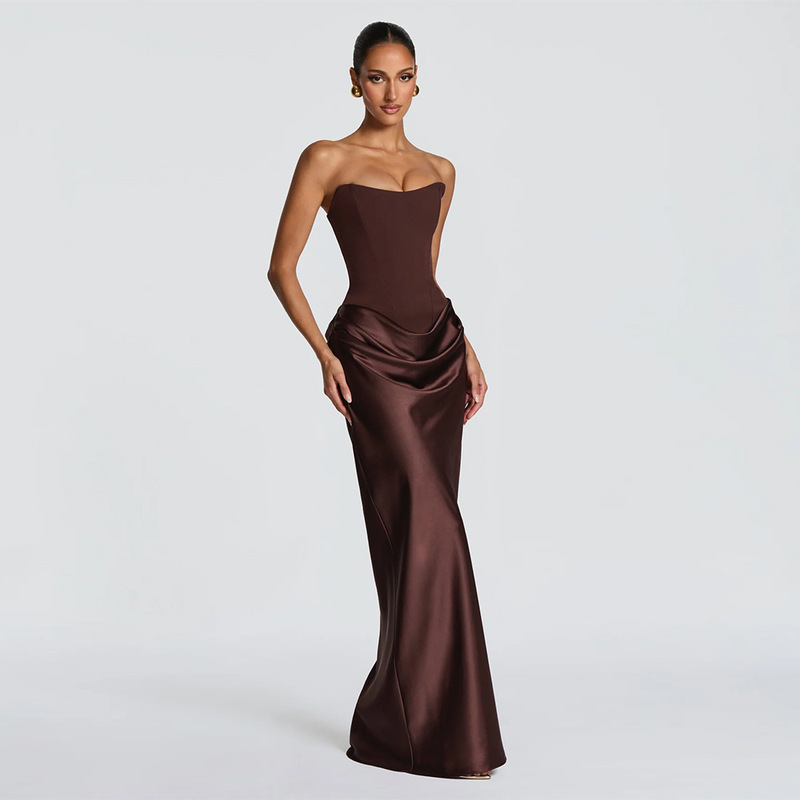 High-End European and American Women's Fashion Sexy Slim-Fit Strapless Long Dress with Tie and Three-Dimensional Pleats