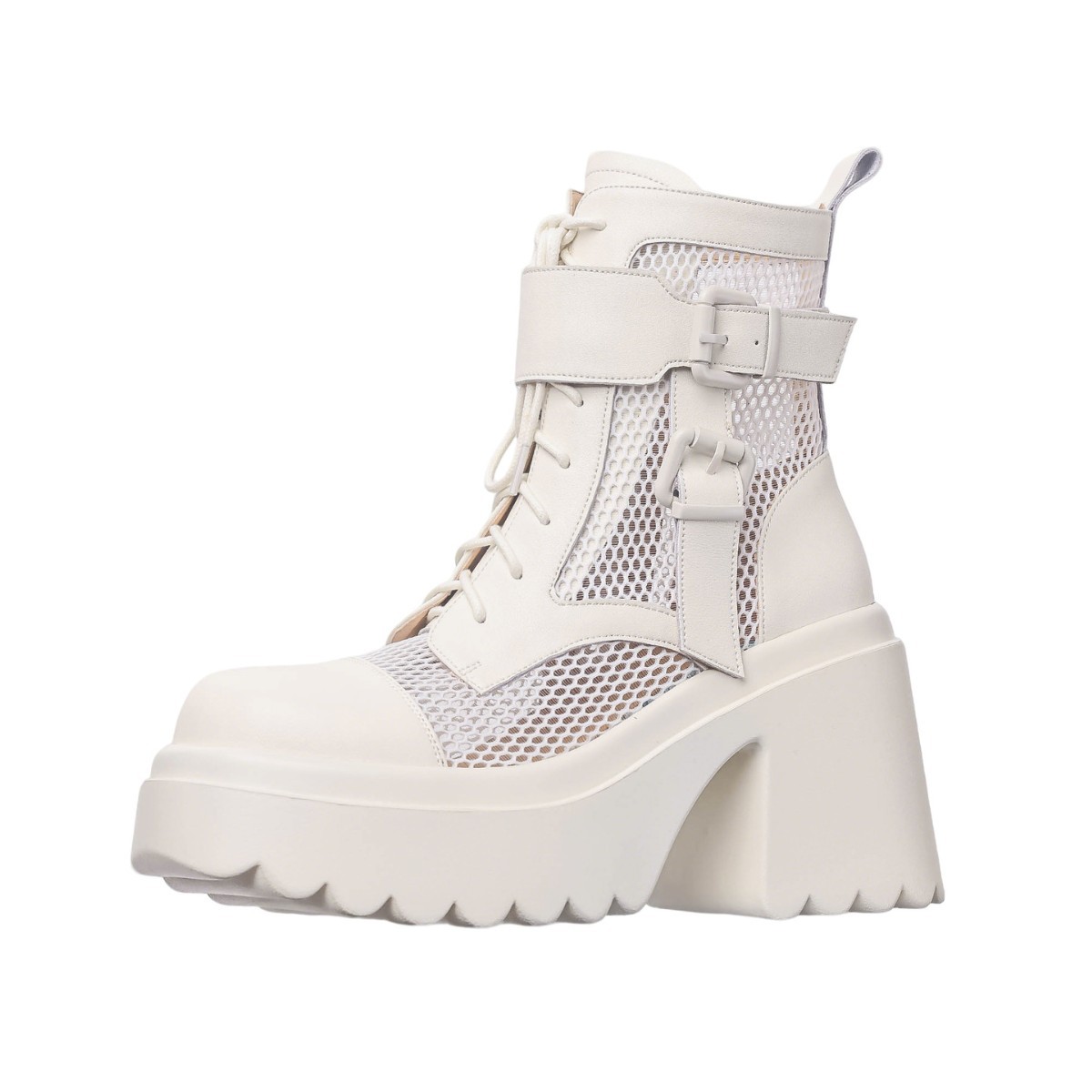 Boot nữ cao gót lưới xuyên thấu phong cách biker, gót thô 9 cm, thoáng khí — màu đen, màu trắng