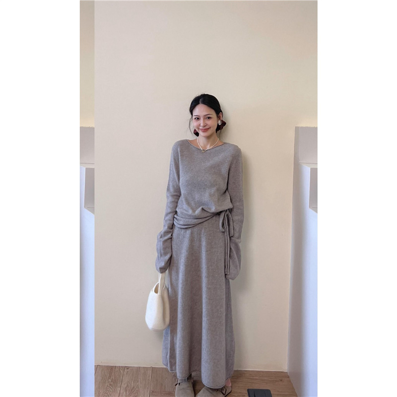 灰色入秋时尚套装女秋季一字肩长袖不规则修身t恤a字长裙两件套装|undefined
